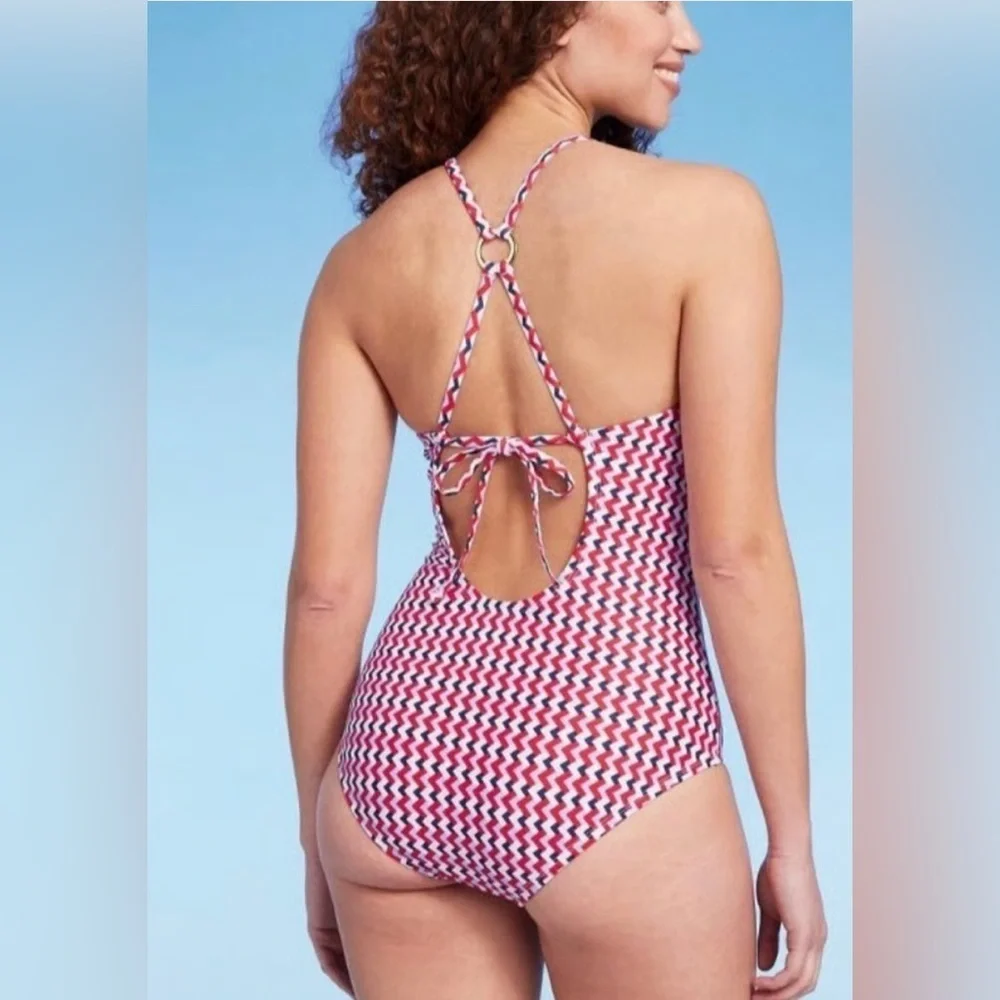 Kona Sol chevron pattern Women's Red and White & blue one piece Swimsuit size 17